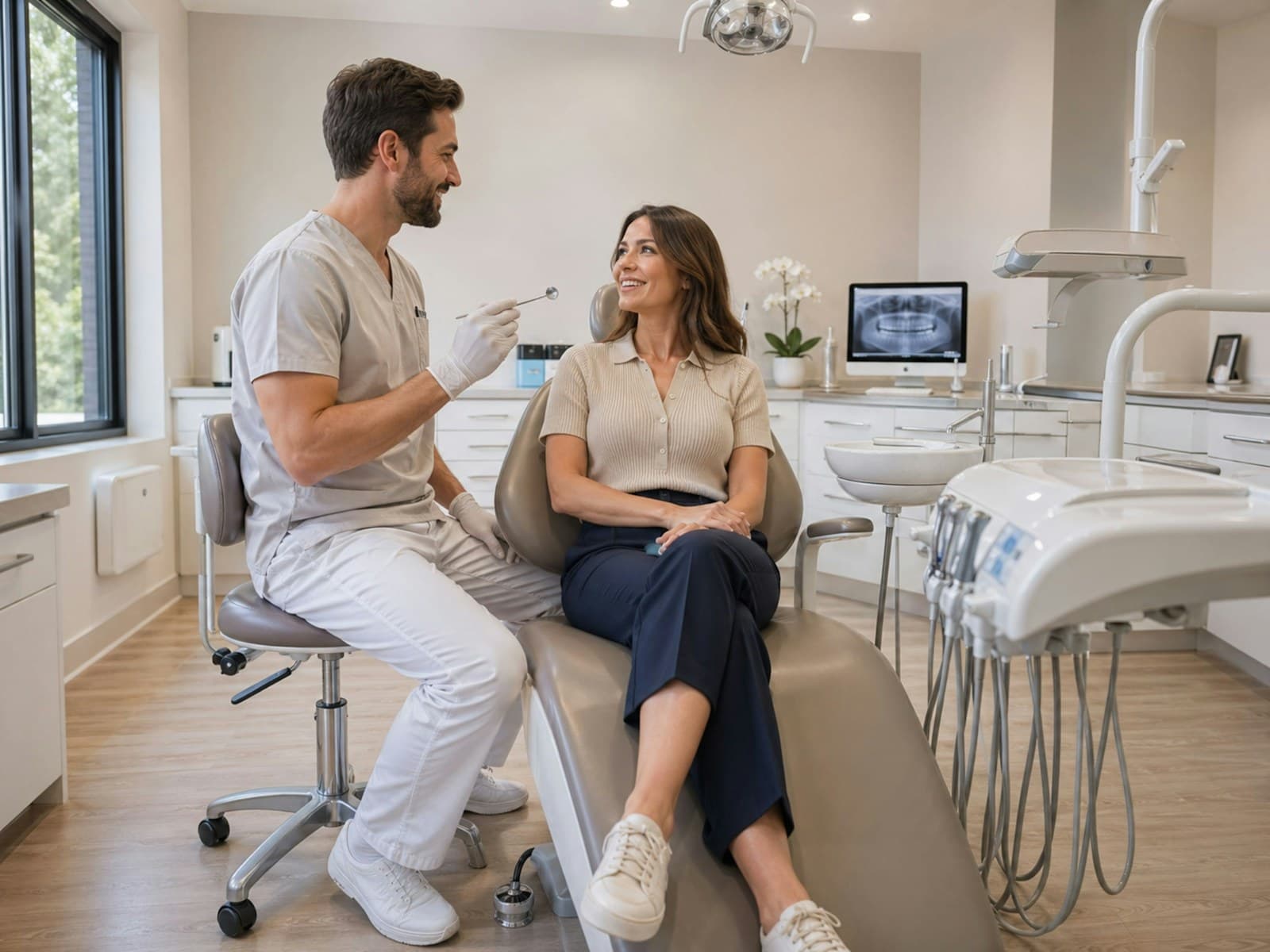 Dentista conversando con una paciente durante una consulta en el consultorio